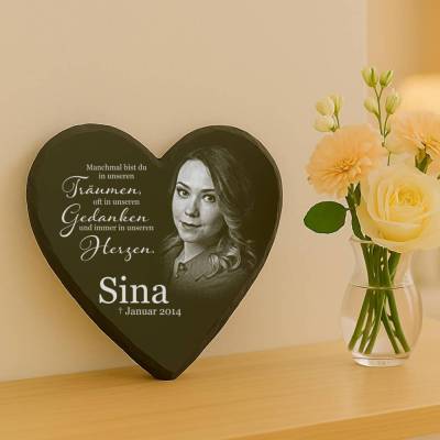 26 x 29 cm Schieferherz mit Foto & Gravur – personalisierter Gedenkstein als wetterbeständiger Grabschmuck