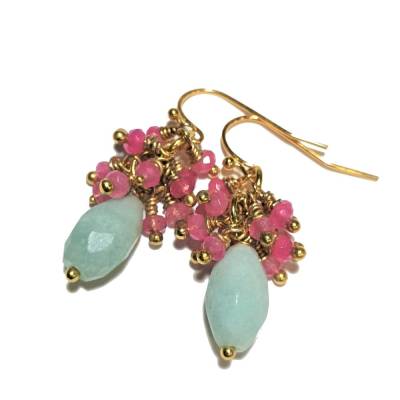 Ohrringe pastell Amazonit mint hellblau mit Traube aus rosa Achat facettiert colour blocking cluster