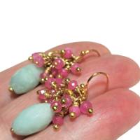 Ohrringe pastell Amazonit mint hellblau mit Traube aus rosa Achat facettiert colour blocking cluster Bild 2