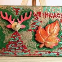 Minibild FROHE WEIHNACHT, kleine Collage Weihnachtsdeko mit Rentierkopf aus Holz, nette Tischdeko oder Gastgeschenk Bild 3