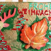 Minibild FROHE WEIHNACHT, kleine Collage Weihnachtsdeko mit Rentierkopf aus Holz, nette Tischdeko oder Gastgeschenk Bild 4