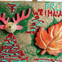 Minibild FROHE WEIHNACHT, kleine Collage Weihnachtsdeko mit Rentierkopf aus Holz, nette Tischdeko oder Gastgeschenk Bild 5