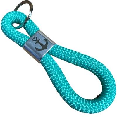 Schlüsselanhänger aus Tau 10 mm, Länge ca. 12 cm, mint, versilberter Slider, Glaube, Liebe, Hoffnung, Anker