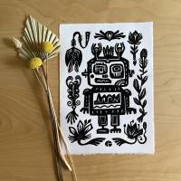 Linoldruck Roboter und Blumen Bild 1