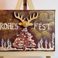 Minibild FROHES FEST, kleine Collage Weihnachtsdeko mit Rentierkopf aus Holz, nette Tischdeko oder Gastgeschenk Bild 1