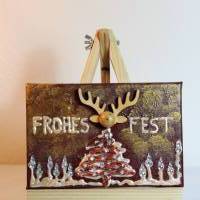 Minibild FROHES FEST, kleine Collage Weihnachtsdeko mit Rentierkopf aus Holz, nette Tischdeko oder Gastgeschenk Bild 3