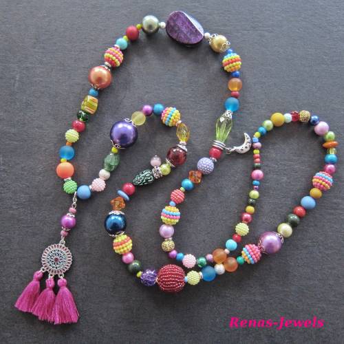 Bettelkette lang bunt pink silberfarben Quaste Anhänger Boho Ibiza Hippie Kette Perlenkette Perlen bunt handgefertigt
