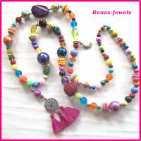 Bettelkette lang bunt pink silberfarben Quaste Anhänger Boho Ibiza Hippie Kette Perlenkette Perlen bunt handgefertigt Bild 2