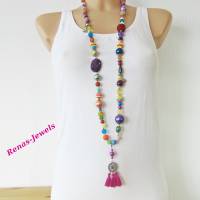Bettelkette lang bunt pink silberfarben Quaste Anhänger Boho Ibiza Hippie Kette Perlenkette Perlen bunt handgefertigt Bild 3
