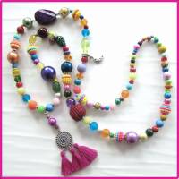 Bettelkette lang bunt pink silberfarben Quaste Anhänger Boho Ibiza Hippie Kette Perlenkette Perlen bunt handgefertigt Bild 4