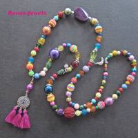 Bettelkette lang bunt pink silberfarben Quaste Anhänger Boho Ibiza Hippie Kette Perlenkette Perlen bunt handgefertigt Bild 5