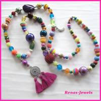 Bettelkette lang bunt pink silberfarben Quaste Anhänger Boho Ibiza Hippie Kette Perlenkette Perlen bunt handgefertigt Bild 6