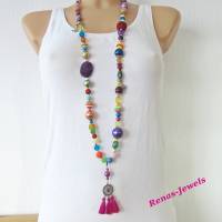 Bettelkette lang bunt pink silberfarben Quaste Anhänger Boho Ibiza Hippie Kette Perlenkette Perlen bunt handgefertigt Bild 7