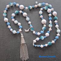 Bettelkette lang mit Quaste Anhänger blau weiß silberfarben Boho Kette Perlenkette Bohokette Handgefertigt Bild 1
