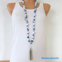 Bettelkette lang mit Quaste Anhänger blau weiß silberfarben Boho Kette Perlenkette Bohokette Handgefertigt Bild 10