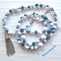 Bettelkette lang mit Quaste Anhänger blau weiß silberfarben Boho Kette Perlenkette Bohokette Handgefertigt Bild 2
