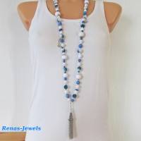 Bettelkette lang mit Quaste Anhänger blau weiß silberfarben Boho Kette Perlenkette Bohokette Handgefertigt Bild 3