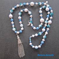 Bettelkette lang mit Quaste Anhänger blau weiß silberfarben Boho Kette Perlenkette Bohokette Handgefertigt Bild 4