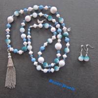 Bettelkette lang mit Quaste Anhänger blau weiß silberfarben Boho Kette Perlenkette Bohokette Handgefertigt Bild 5