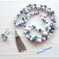 Bettelkette lang mit Quaste Anhänger blau weiß silberfarben Boho Kette Perlenkette Bohokette Handgefertigt Bild 6
