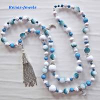Bettelkette lang mit Quaste Anhänger blau weiß silberfarben Boho Kette Perlenkette Bohokette Handgefertigt Bild 7