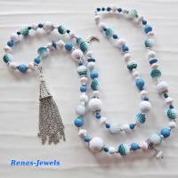 Bettelkette lang mit Quaste Anhänger blau weiß silberfarben Boho Kette Perlenkette Bohokette Handgefertigt Bild 8