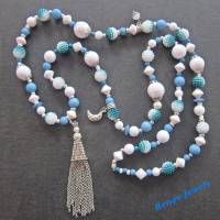Bettelkette lang mit Quaste Anhänger blau weiß silberfarben Boho Kette Perlenkette Bohokette Handgefertigt Bild 9