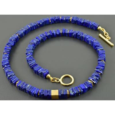 Lapislazulikette mit vergoldeten 925er Silber, eckig Lapislazuli Edelsteinkette, dunkelblau Scheiben Lapis Lazuli