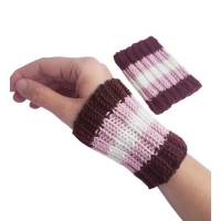 Pulswärmer 100 % Merino-Wolle handgestrickt braun, rosa, weiß gestreift - Damen - Einheitsgröße - Modell 47 Bild 4