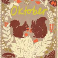 10 Postkarten, Monatskarte Oktober, herbstlich mit Eichhörnchen, Nüssen, Zweigen und Beeren Bild 1