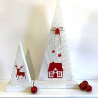 2 Tannenbäume aus Holz, weiß/rot, süße Weihnachtsdeko Bild 1