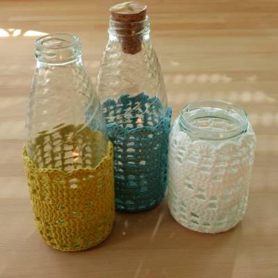 Häkelanleitung Leuchtflaschen- oder Windlichtglas-Bezüge, 3 Motive, pdf-Datei