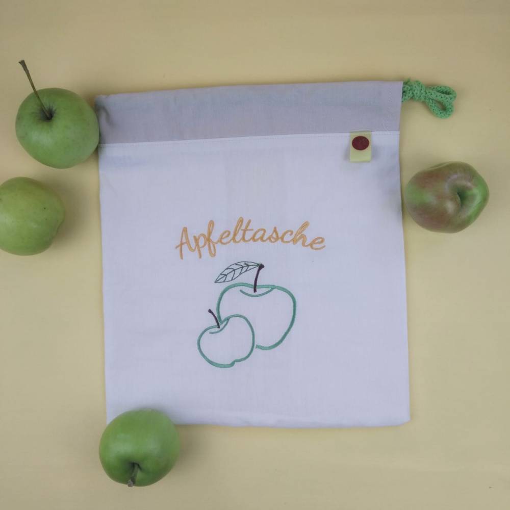 Apfeltasche "Grüne Äpfel" - Baumwollbeutel mit Stickerei-Motiv und Schrifzug Bild 1