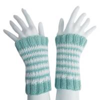Pulswärmer 100 % Merino-Wolle handgestrickt mintgrün weiß gestreift - Damen - Einheitsgröße - Modell 22 Bild 1