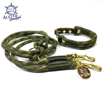 Leine Halsband Set für mittelgroße und große Hunde, verstellbar oliv, grün, beige, Wunschlänge