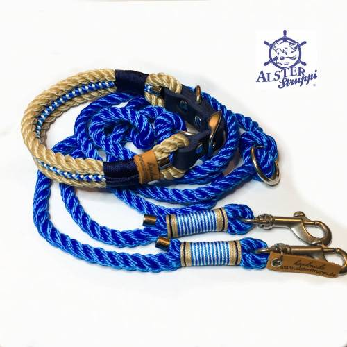 Leine Halsband Set natur royalblau, für kleine Hunde, verstellbar