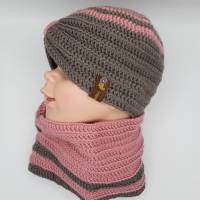 Gr. 43-45, Turban Set, Mütze und Halstuch, 6 bis 8 Monate, rosa und grau, weich und hautfreundlich aus Merinowolle Bild 3