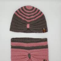 Gr. 43-45, Turban Set, Mütze und Halstuch, 6 bis 8 Monate, rosa und grau, weich und hautfreundlich aus Merinowolle Bild 4