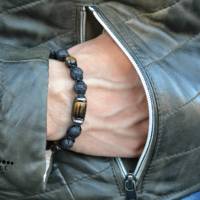 Herren Armband aus Edelsteinen Lavastein Tigerauge und Hämatit mit Knotenverschluss, Makramee Armband, 10 mm Bild 6