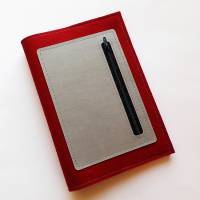 Buchhülle handgemacht aus Filz DIN A5 für Notizbücher mit Extrafach in Rot-Grau Bild 1
