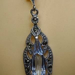 925 Silber Aquamarin Jugendstil Hänge Ohrringe mit Markasiten Bild 2
