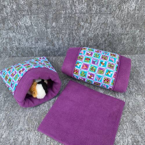 Set Kuschel-Tunnel / Kuschel-Sack inkl. PipiPad Meerschweinchen "Frühling /Violett"
