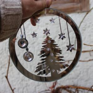 weihnachtliches Fensterbild Tannenbaum Spiegelglas Glas Suncatcher 90er Jahre Bild 2