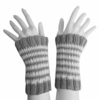 Pulswärmer 100 % Merino-Wolle handgestrickt hellgrau weiß gestreift - Damen - Einheitsgröße - Modell 22 Bild 1