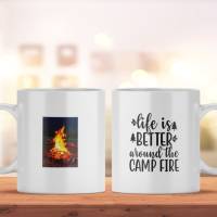 Kaffeetasse mit Lagerfeuer Motiv für Campingliebhaber, bedruckte Spruchtasse für Camper, spülmaschinenfeste Tasse Bild 1