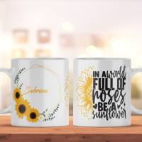 Personalisierte Tasse mit Namen und Sonnenblumen Motiv | Bedruckte Spruchtasse aus Keramik | Spülmaschinenfest Bild 1