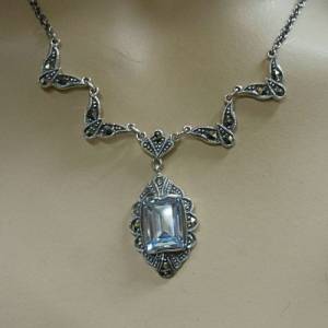 925 Silber Jugendstil Collier mit Aquamarin und Markasiten Bild 1