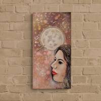 NIGHT OF WISHES - Gemälde mit Vollmond, Libellen, Sternen und Gesicht auf Galeriekeilrahmen 30cmx60cmx3,5cm Bild 1