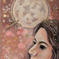NIGHT OF WISHES - Gemälde mit Vollmond, Libellen, Sternen und Gesicht auf Galeriekeilrahmen 30cmx60cmx3,5cm Bild 6