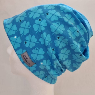 Beanie-Loop - gleichzeitig Mütze und Loop - für Damen, genäht aus Jersey in blau-türkis, von he-ART by helen hesse